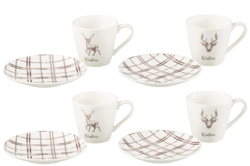 J-Line theemok + schotel Rendier - keramiek - wit/bruin - giftbox van 4