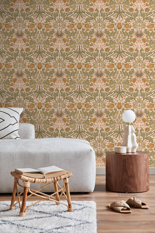 ESTAhome behang vintage bloemen in art nouveau stijl warm oranje en vergrijsd groen - 50 x 900 cm - 131175 - vtwonen shop