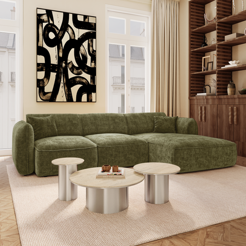 Premium Interiors - Rechthoekige hoekbank LOMI - gewaafd fluweel vintage groen 272cm