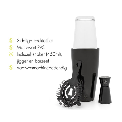 Leopold Vienna - Cocktail set Boston RVS zwart (cocktail shaker, pipet, strainer) cadeau giftset