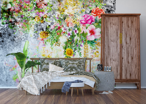 Sanders & Sanders fotobehang bloemen grijs, roze en groen - 375 x 270 cm - 600502