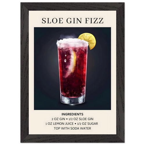 Artfulprints Poster met Lijst Sloe Gin Fizz cocktail - Ingrediënten   - A4 21x29.7 cm - Zwart