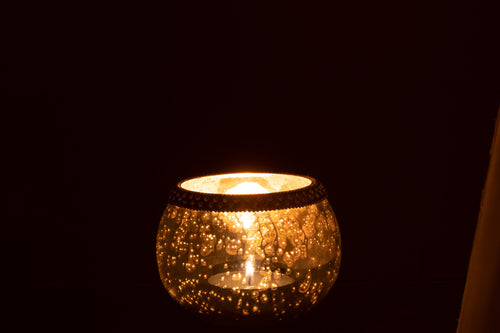 J-Line theelichthouder Rond Diamant - glas - zilver - small