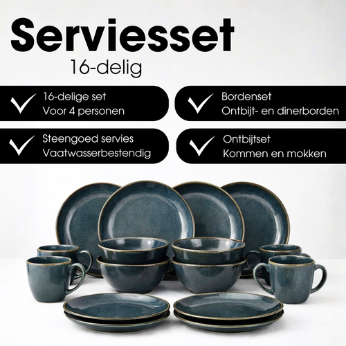 Mica Decorations Racco Serviesset 4 Persoons - Ontbijtborden, Kommen en Mokken en Dinrborden - Steengoed Servies - Vaatwasserbestendige Servies Set -