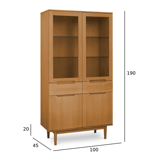 Furnhouse vitrinekast Kerteminde - Natuurlijk eikenhout - MDF, Eikenfineer, Glas - 45x100x190