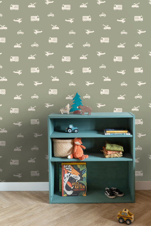 ESTAhome behang auto's, brandweerauto's, helikopters en kranen vergrijsd groen - 50 x 900 cm - 131454 - vtwonen shop