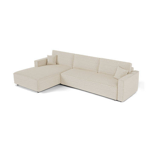 Premium Interiors - Linkshoekbank met slaapfunctie en opbergruimte  - stof met tweed-effect crème 197cm