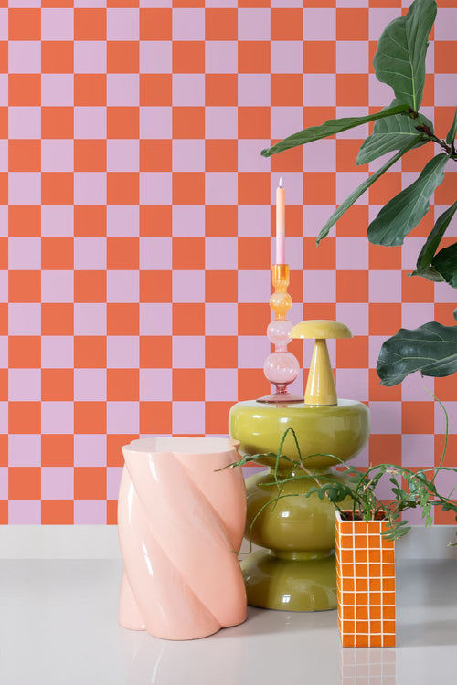 ESTAhome behang geblokt motief lila paars en oranje - 53 cm x 10.05 m - 130914