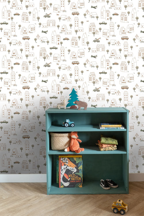 ESTAhome behang voertuigen wit, bruin en groen - 50 x 900 cm - 131826