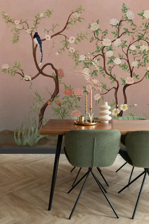 Sanders & Sanders fotobehang bloemen en vogels roze en groen - 424 x 280 cm - 640799