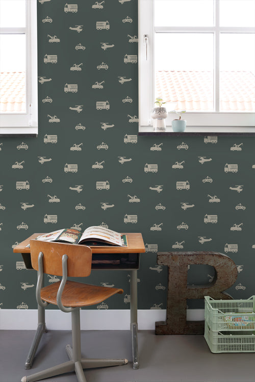ESTAhome behang auto's, brandweerauto's, helikopters en kranen donkergroen - 53 cm x 10.05 m - 131400 - vtwonen shop