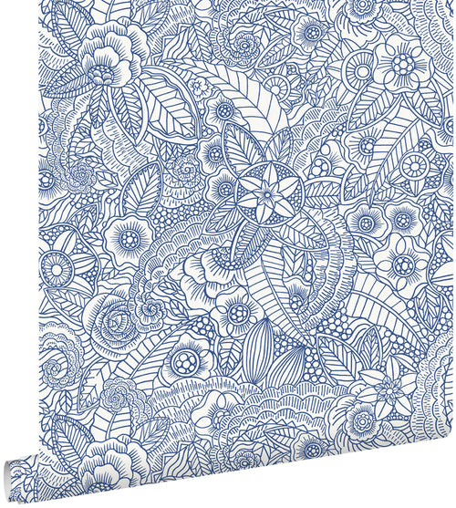 ESTAhome behang bloemtekeningen blauw op wit - 53 cm x 10.05 m - 148615