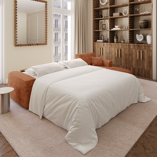 Premium Interiors - Rechthoekige hoekbank met snelle slaapfunctie COMO - corduroy terracotta 300cm