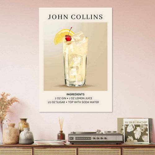 Artfulprints Poster John Collins cocktail - Ingrediënten   - 70x100 cm - Taupe