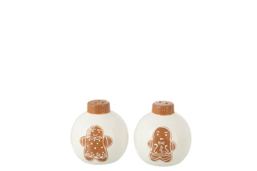 J-Line peper en zoutmolen set Kerstmis Bal Rond Dolomiet - keramiek - wit/caramel - 2 stuks