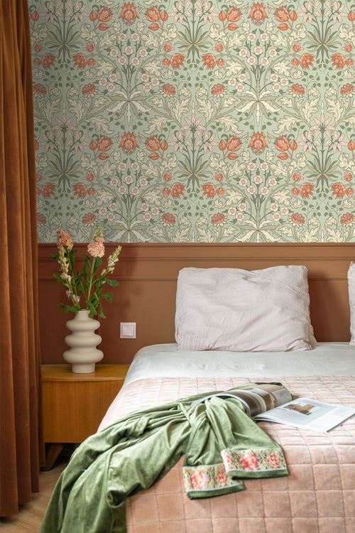 ESTAhome behang vintage bloemen in art nouveau stijl groen en terracotta - 50 x 900 cm - 131180