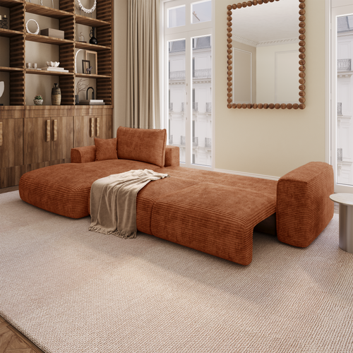 Premium Interiors - Linkshoekbank met slaapfunctie en opbergruimte COMO - corduroy terracotta 297cm