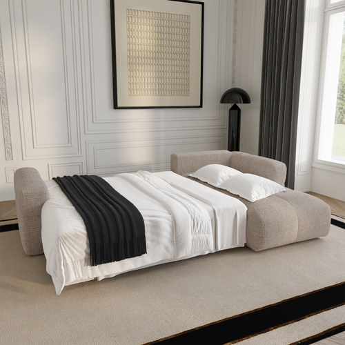 Premium Interiors - Rechthoekige hoekbank met slaapfunctie en opbergruimte VIBE - zacht aanvoelende geweven stof beige 286cm