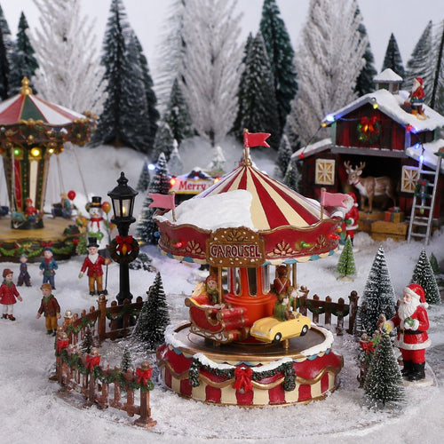 Luville Little Carousel - Kerstdorp Miniatuur Draaimolen met Verlichting - Kerstversiering voor Binnen - Guirlande op Batterijen - Kerstslingers