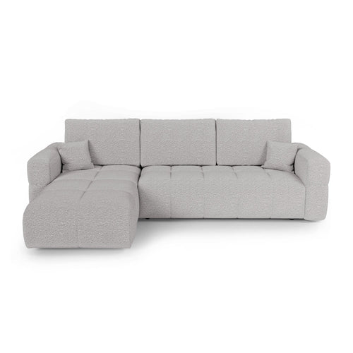 Premium Interiors - Linkshoekbank met slaapfunctie en opbergruimte VIBE - bouclé-stof lichtgrijs 286cm