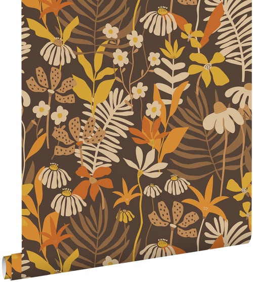ESTAhome behang tropische bladeren en bloemen bruin en meerkleurig - 50 x 900 cm - 130997 - vtwonen shop