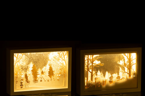 J-Line decoratie kerstdorpje - kader 3D Winter - pvc/glas - goud - 2 stuks - LED lichtjes