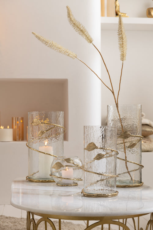 J-Line vaas Blad Lang - glas/ijzer - transparant/goud - 34 cm hoog