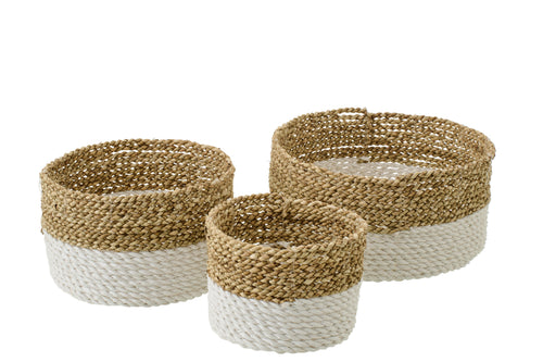 J-Line mand - riet - naturel/wit - set van 3