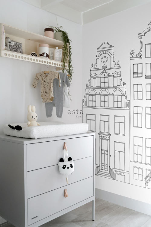 ESTAhome fotobehang getekende Amsterdamse grachtenhuisjes zwart en wit - 150 x 279 cm - 158833 - vtwonen shop