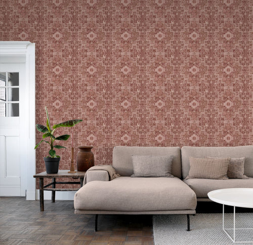 ESTAhome behang oosters kelim tapijt donker terracotta roze - 50 x 900 cm - 131364
