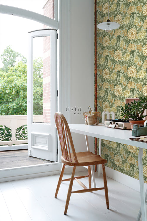 ESTAhome behang vintage bloemen groen en okergeel - 53 cm x 10.05 m - 139379