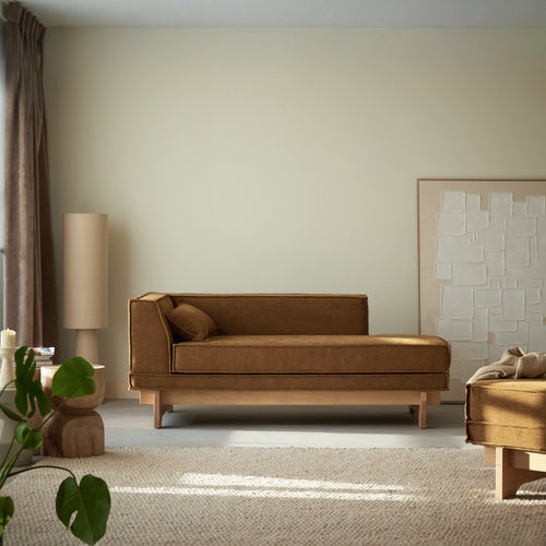 Tikamoon Chaise longue van eikenhout en okergele stof - Mosterd