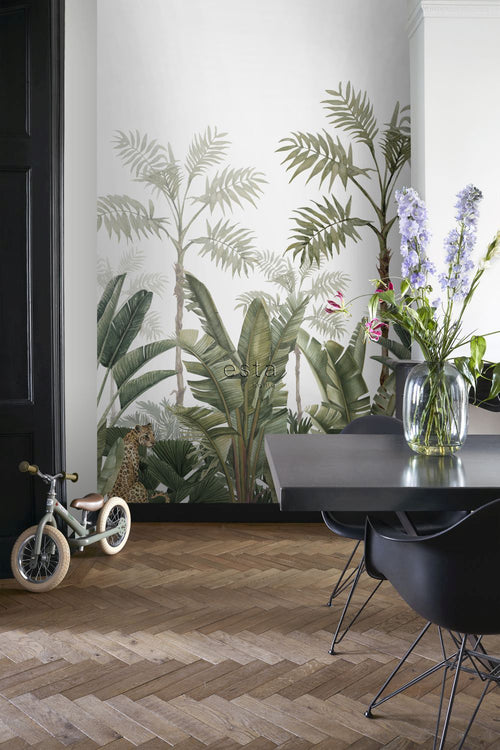 ESTAhome fotobehang jungle-motief wit en vergrijsd olijfgroen - 300 x 279 cm - 158951 - vtwonen shop
