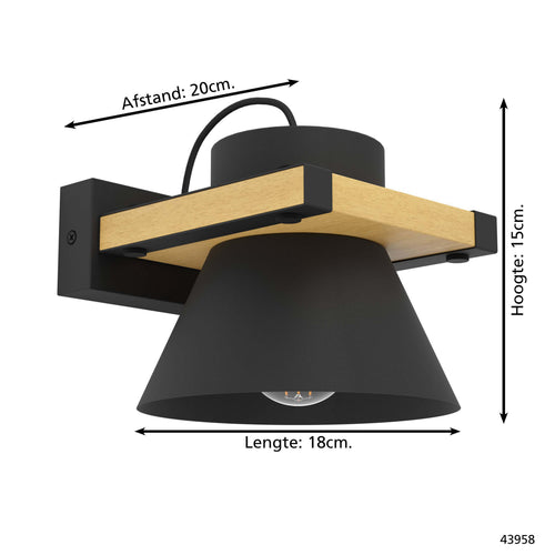 EGLO wandlamp Maccles - e27 - 18 cm - zwart/bruin - hout