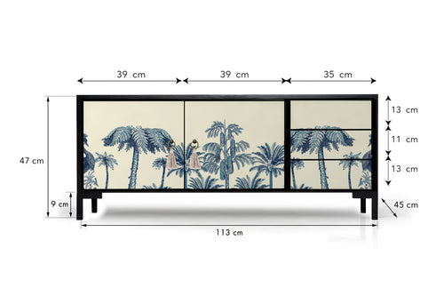 Meubel TV 2 deuren 3 lades JAN gelakt MDF met vintage palmprint