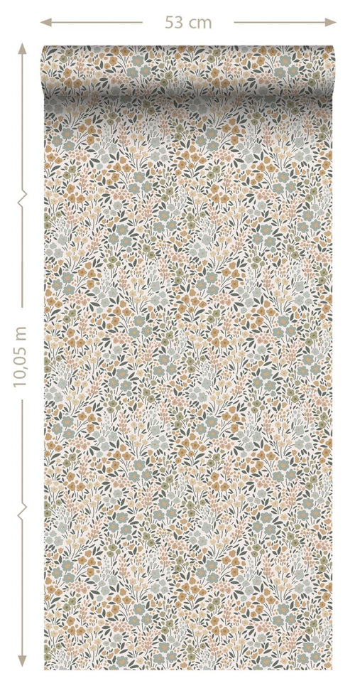 ESTAhome behang bloemetjes grijsblauw, terracotta roze en groen - 53 cm x 10.05 m - 139837