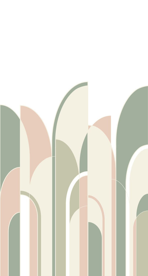 ESTAhome fotobehang art deco motief vergrijsd groen, perzik roze en wit - 150 x 279 cm - 158956