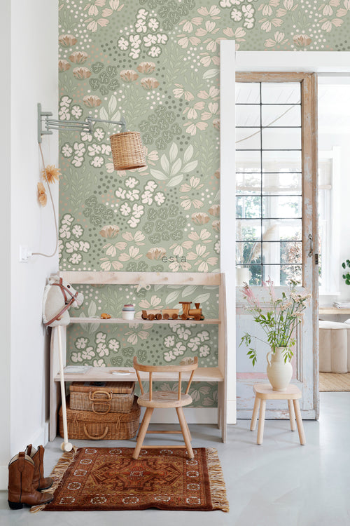 ESTAhome fotobehang bloemmotief vergrijsd mintgroen - 150 x 279 cm - 159212 - vtwonen shop