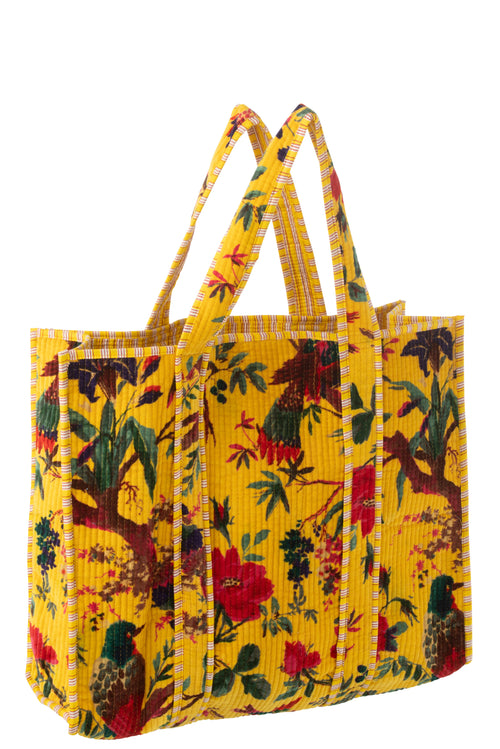 J-Line tas Vogels/Bloemen - katoen/fluweel - geel - vtwonen shop