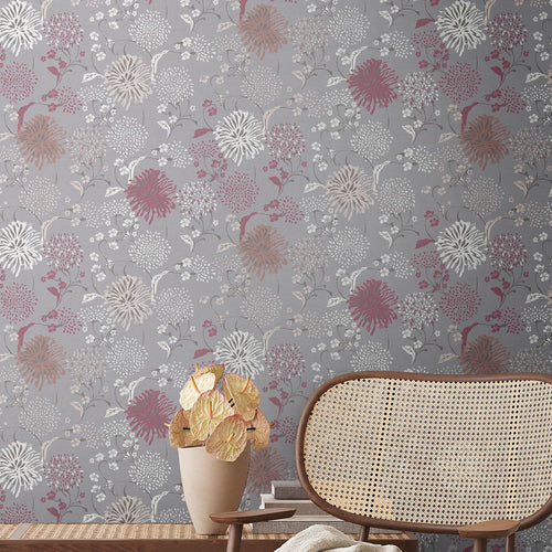 Livingwalls behang bloemmotief grijs, wit, rood en lila paars - 53 cm x 10.05 m - AS-389002 - vtwonen shop