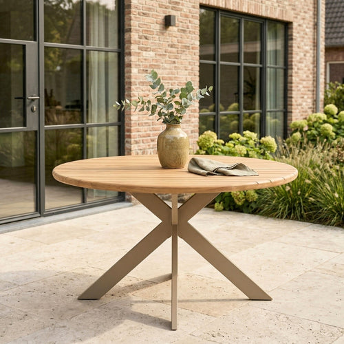 DÉJA Tuintafel Modena - Rond Ø135cm, 75cm Hoog, Naturel Acaciahout & Taupe Metaal - Duurzaam Design voor 2-4 Personen, Weerbestendig voor Buiten