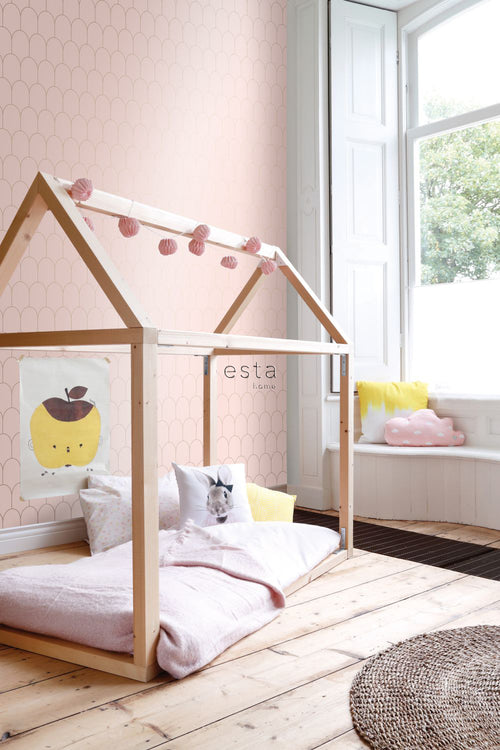 ESTAhome behang art deco motief zacht roze en goud - 53 cm x 10.05 m - 139201