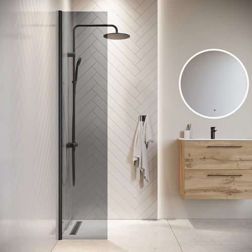Badplaats Douchewand Rizani 40 x 200 cm – Zwart – Rookglas Inloopdouche 8 mm Veiligheidsglas