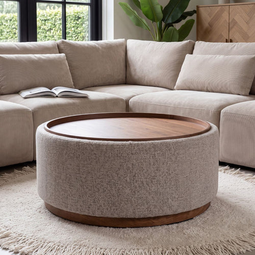 DÉJA Living Salontafel Marcia – Rond – Met Opbergruimte – Essen Fineer – 83x83x40 cm – Taupe/Walnoot