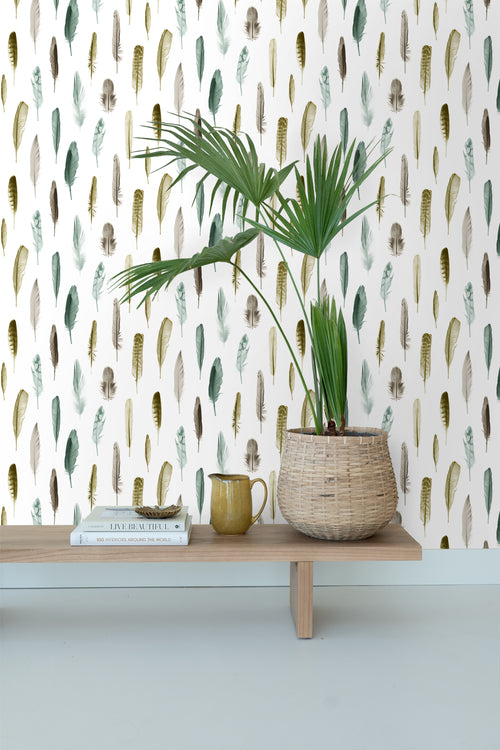 ESTAhome behang veren okergeel, bruin en vergrijsd groen - 53 cm x 10.05 m - 138896