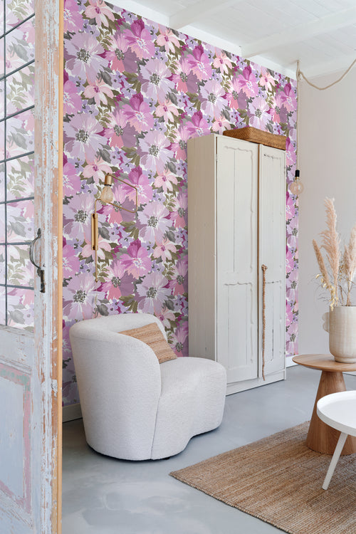 ESTAhome behang bloemen lila paars en olijfgroen - 50 x 900 cm - 131263 - vtwonen shop