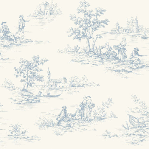 ESTAhome behang toile de jouy print lichtblauw en wit - 50 x 900 cm - 132109