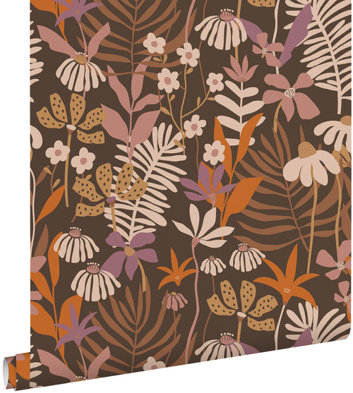ESTAhome behang tropische bladeren en bloemen bruin, paars en meerkleurig - 50 x 900 cm - 130998 - vtwonen shop