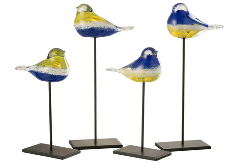 J-Line figuur Vogel Op Voet - glas/metaal - blauw/geel - large - 2 stuks