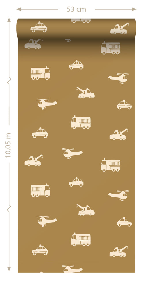 ESTAhome behang auto's, brandweerauto's, helikopters en kranen okergeel - 50 x 900 cm - 131452